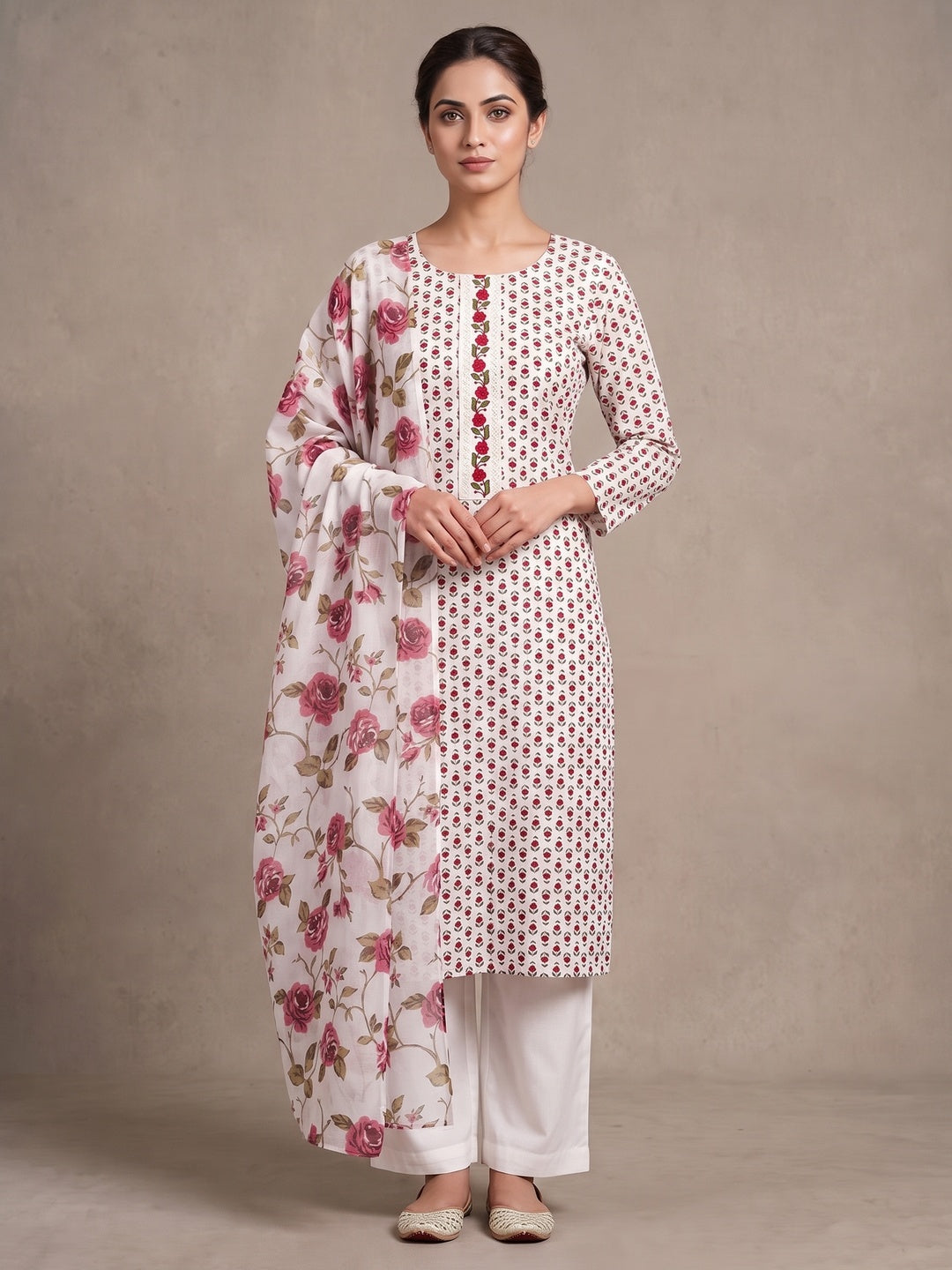 Peachmode White Floral Unstitched Dress Material - Image 4