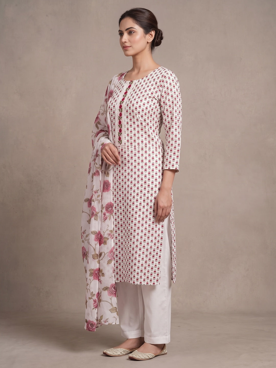 Peachmode White Floral Unstitched Dress Material - Image 5