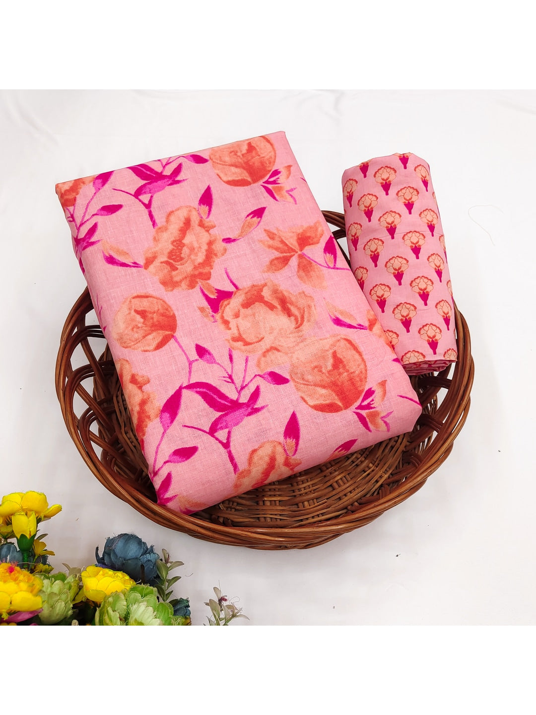 Peachmode Pink Rose Floral Two-Piece Unstitched Dress Material - Image 1