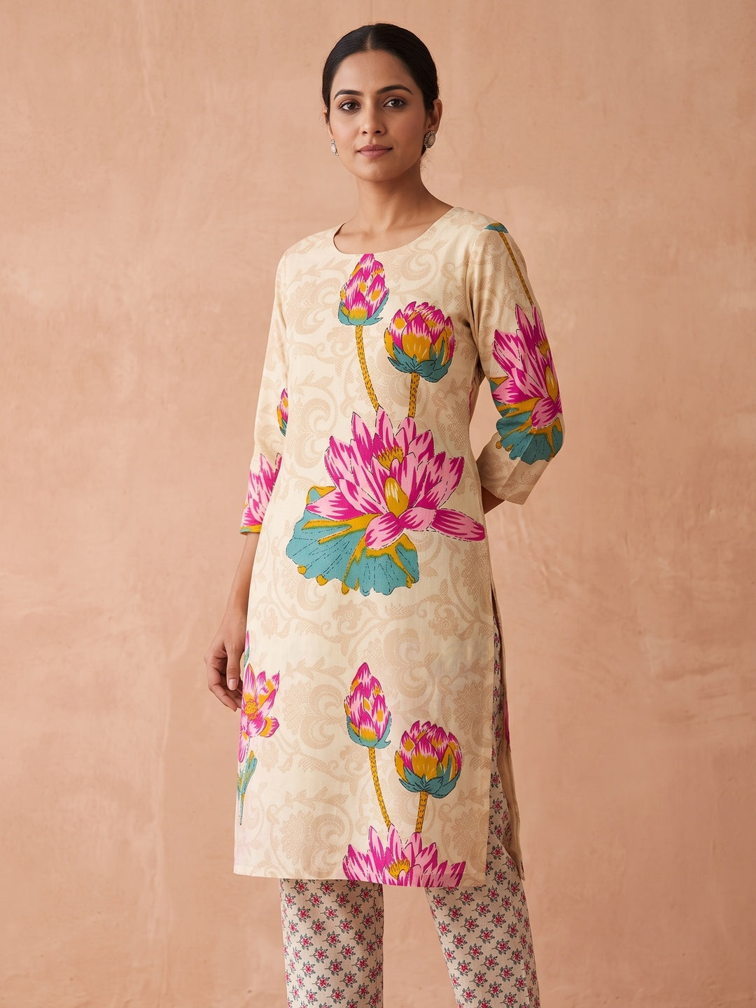 Peachmode Cream Lotus Floral Two-Piece Unstitched Dress Material - Image 2