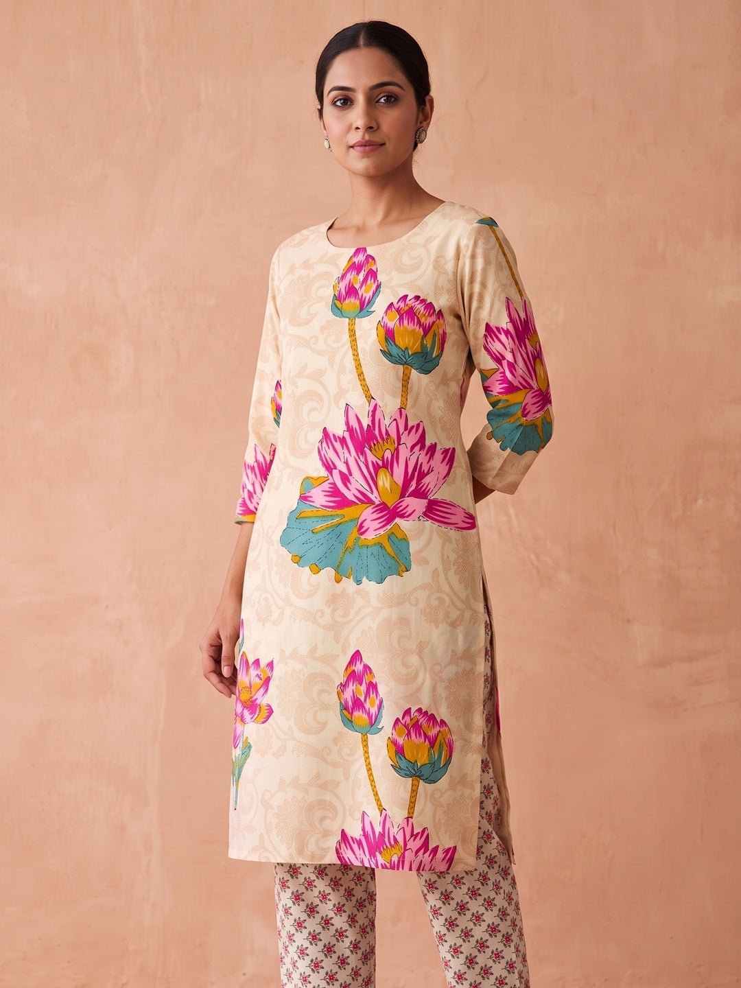 Peachmode Cream Lotus Floral Two-Piece Unstitched Dress Material - Image 4