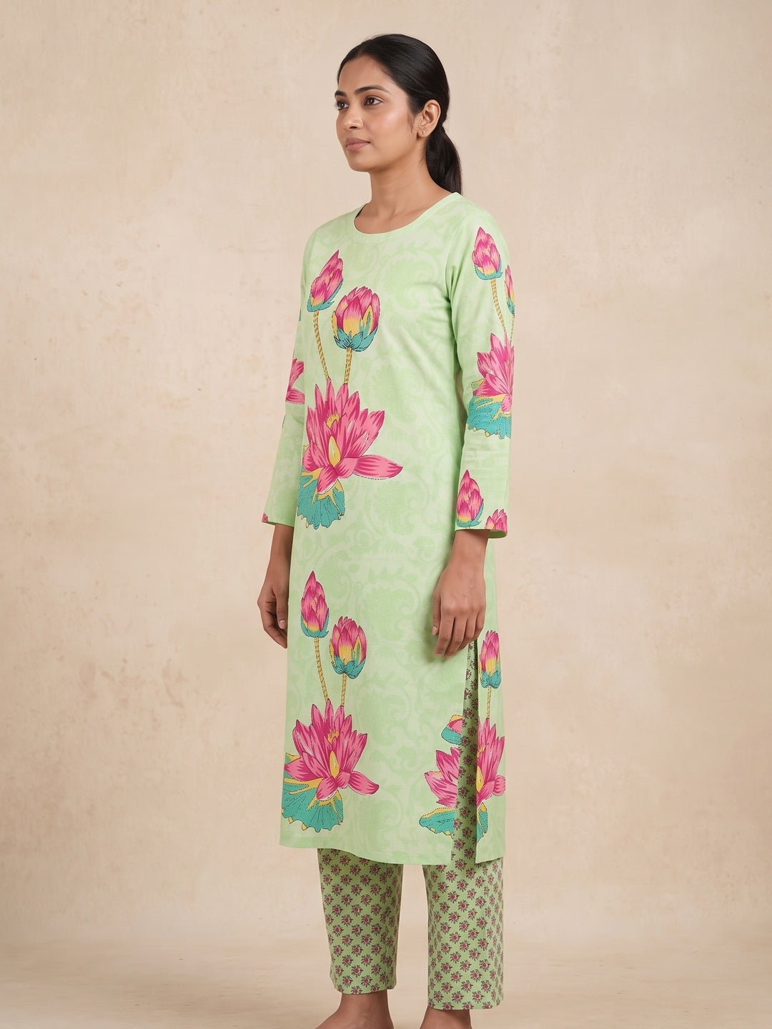 Peachmode Lime Green Lotus Floral Two-Piece Unstitched Dress Material - Image 4
