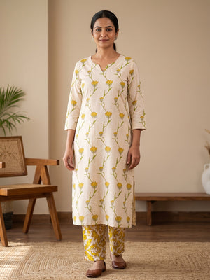 Peachmode Mustard Floral Two-Piece Unstitched Dress Material - Image 2