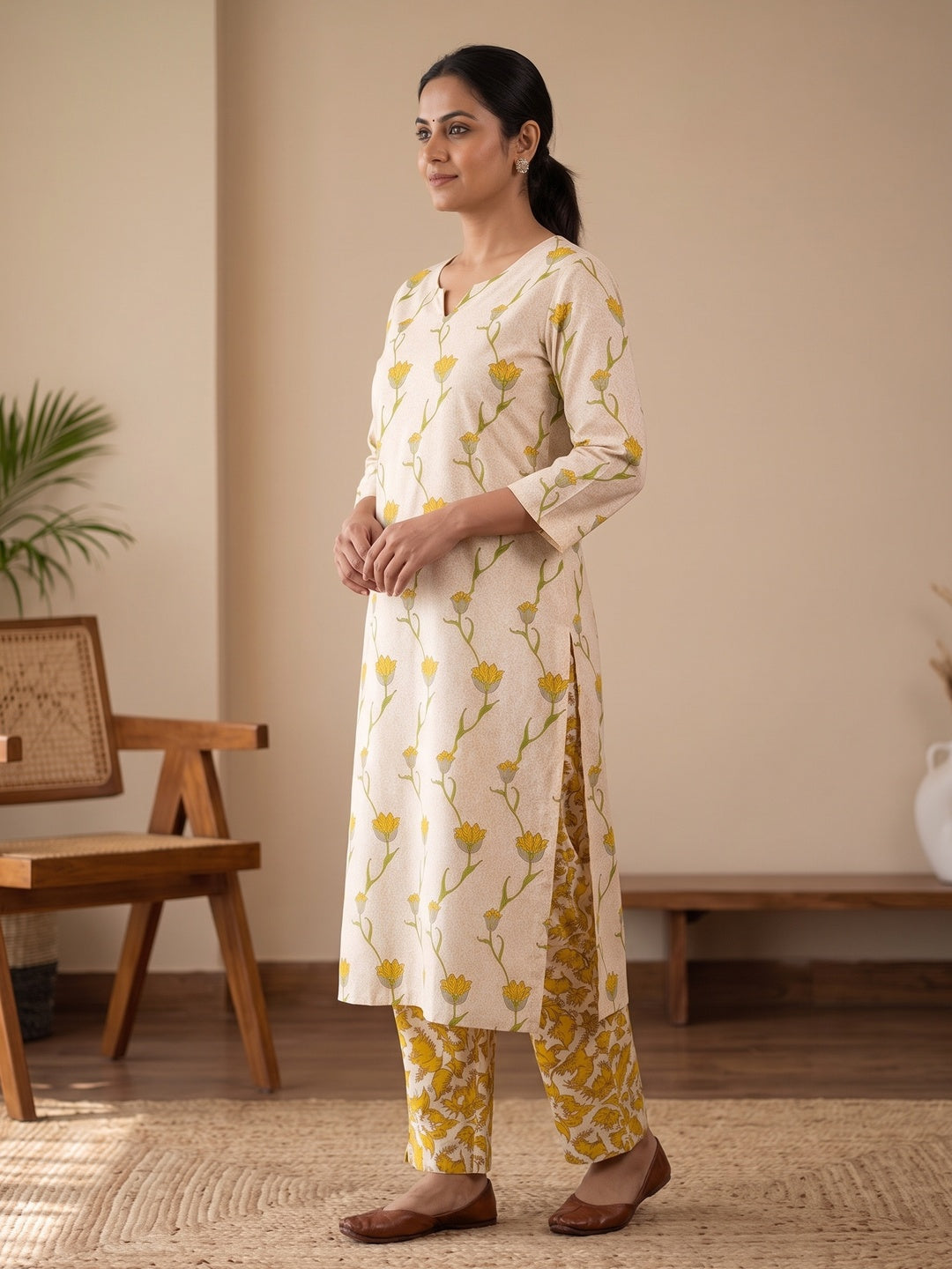 Peachmode Mustard Floral Two-Piece Unstitched Dress Material - Image 4