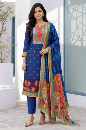 Peachmode Royal Blue Muslin Floral Embroidered Salwar Suit - Image 1