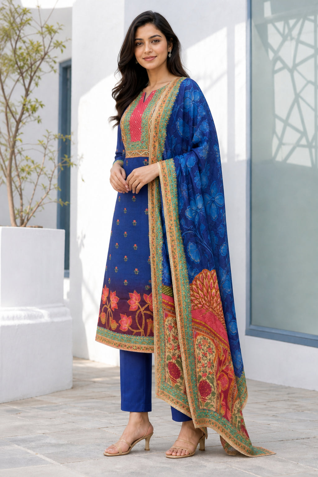 Peachmode Royal Blue Muslin Floral Embroidered Salwar Suit - Image 3