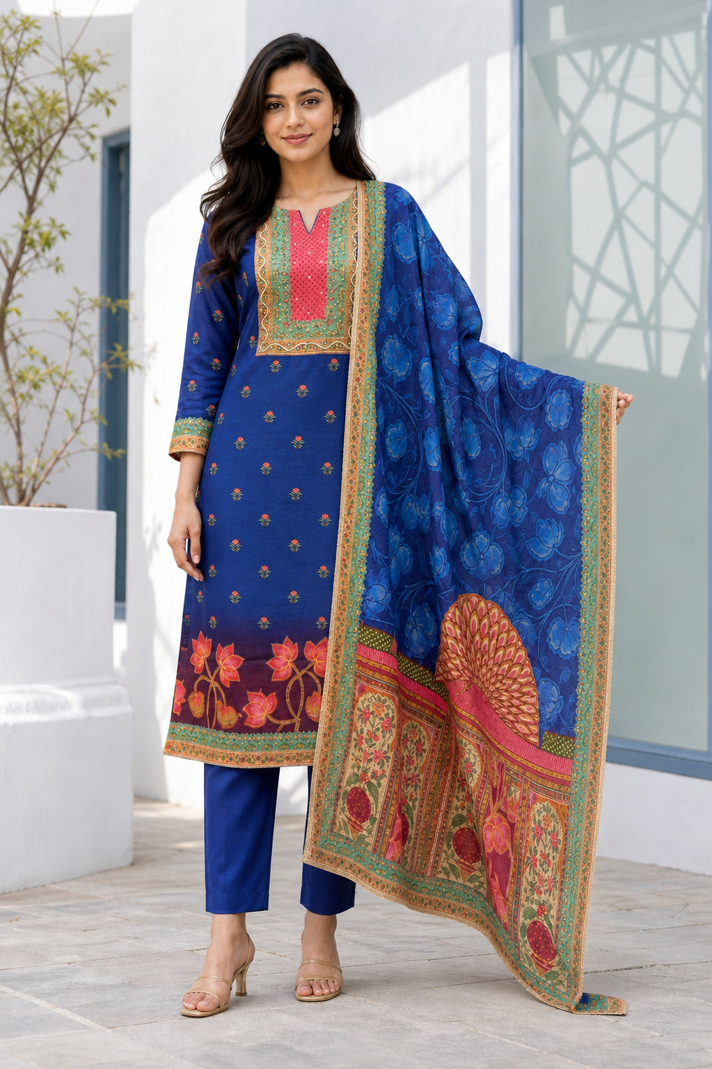 Peachmode Royal Blue Muslin Floral Embroidered Salwar Suit - Image 5