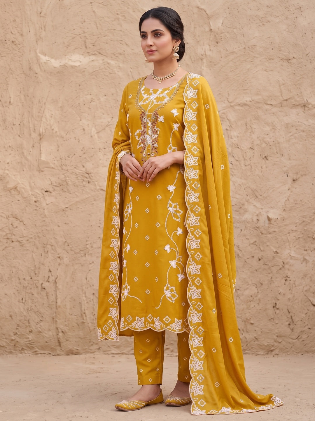 Peachmode Mustard Unstitched Dress Material - Image 4