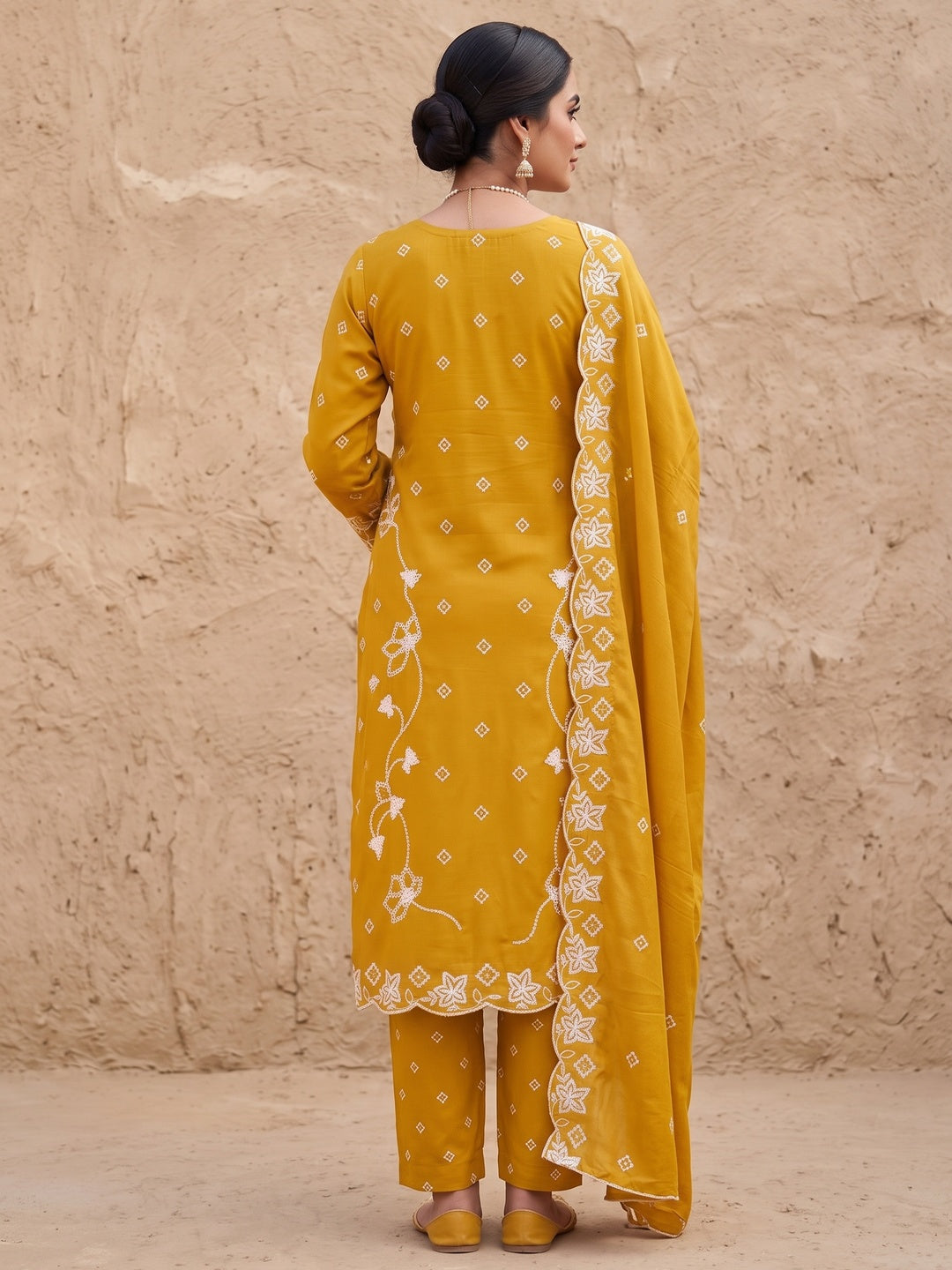 Peachmode Mustard Unstitched Dress Material - Image 5