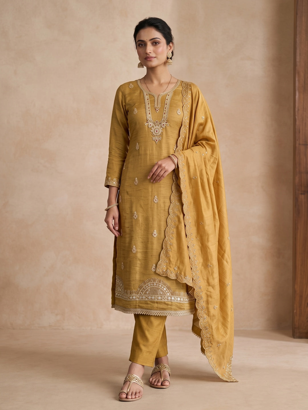 Peachmode Mustard Unstitched Dress Material - Image 2