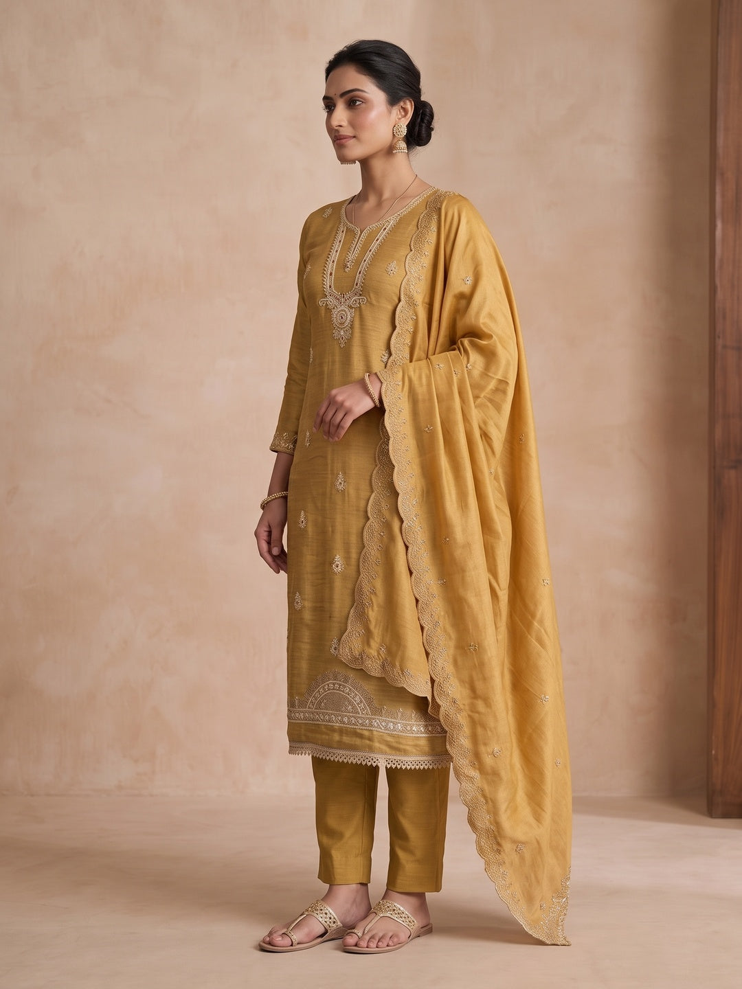 Peachmode Mustard Unstitched Dress Material - Image 4