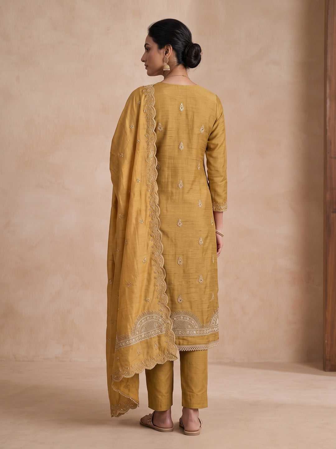 Peachmode Mustard Unstitched Dress Material - Image 5