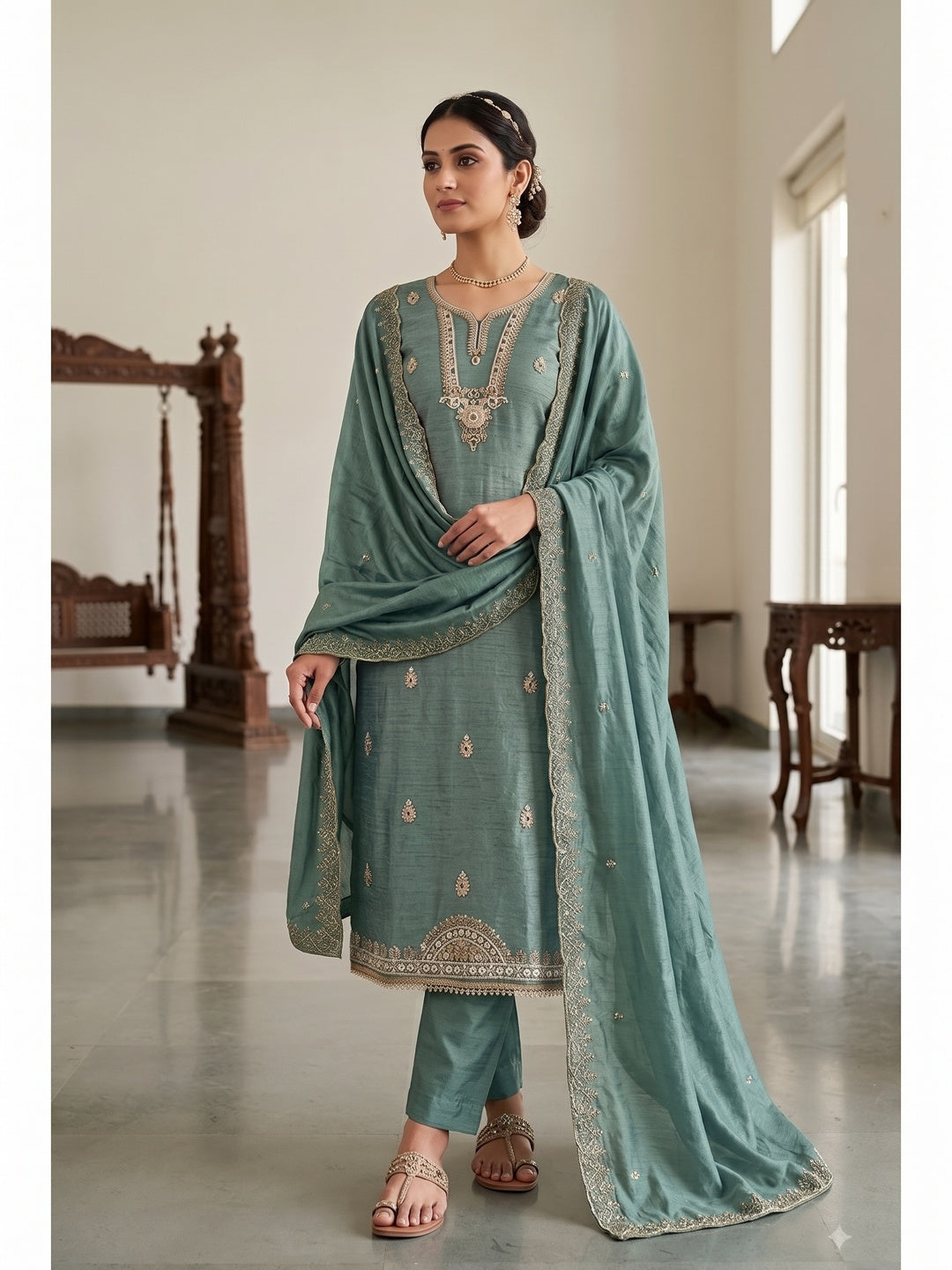 Peachmode Green Unstitched Dress Material - Image 2