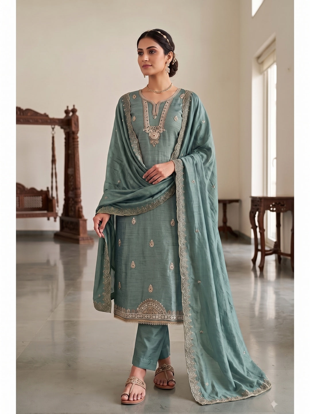 Peachmode Green Unstitched Dress Material - Image 4
