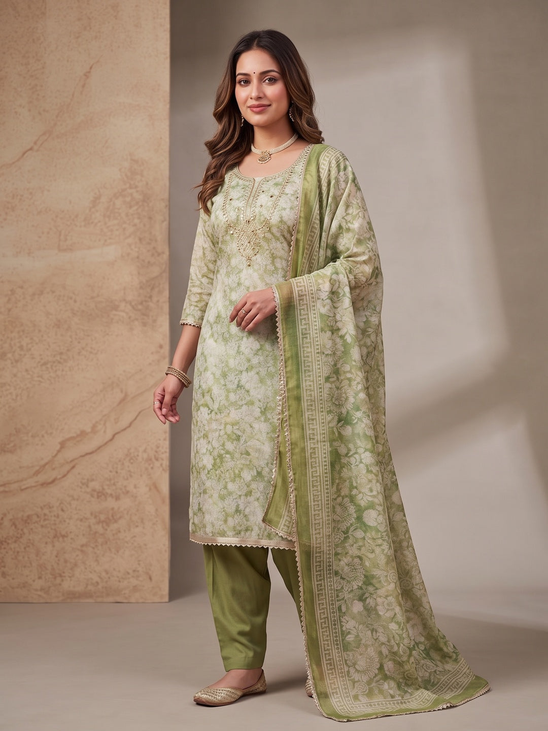 Peachmode Green Unstitched Dress Material - Image 2