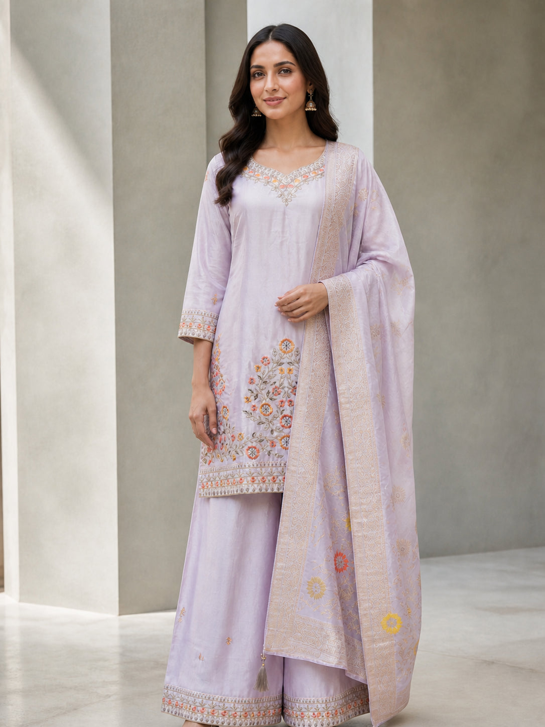 Peachmode Lavender Viscose Blend Floral Embroidered Salwar Suit - Image 2