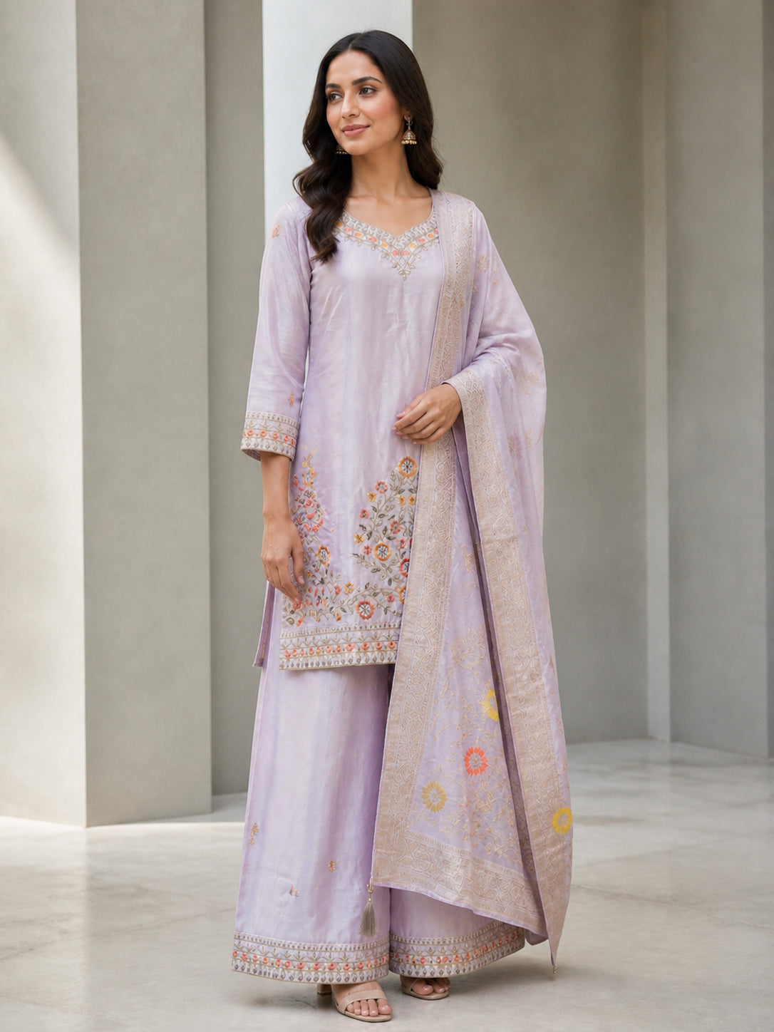 Peachmode Lavender Viscose Blend Floral Embroidered Salwar Suit - Image 3