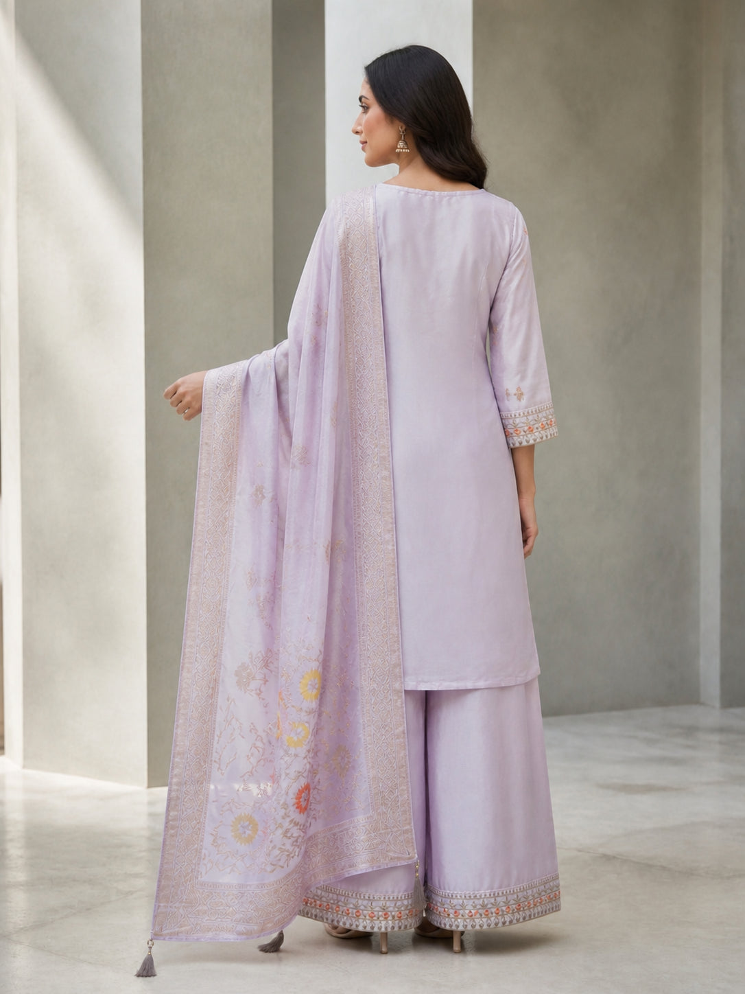 Peachmode Lavender Viscose Blend Floral Embroidered Salwar Suit - Image 4