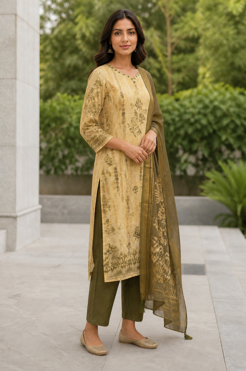 Peachmode Beige Linen Blend Olive Floral Printed Salwar Suit - Image 3