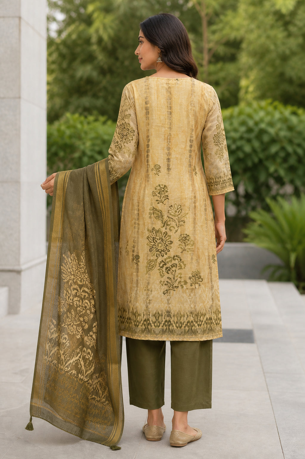 Peachmode Beige Linen Blend Olive Floral Printed Salwar Suit - Image 4