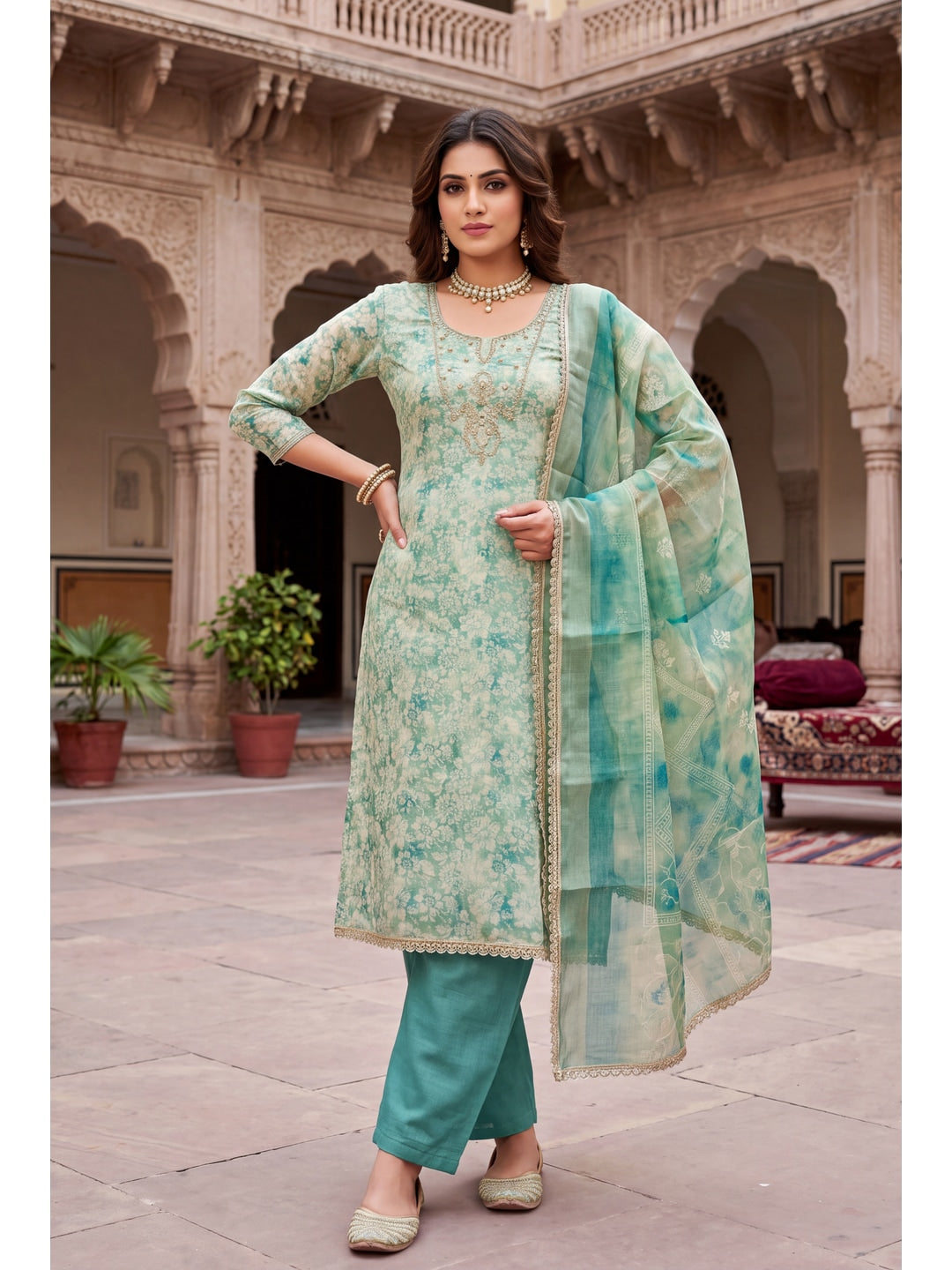 Peachmode Turquoise Unstitched Dress Material - Image 3
