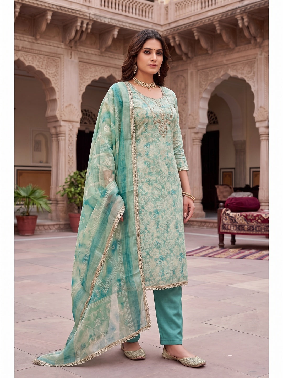Peachmode Turquoise Unstitched Dress Material - Image 2