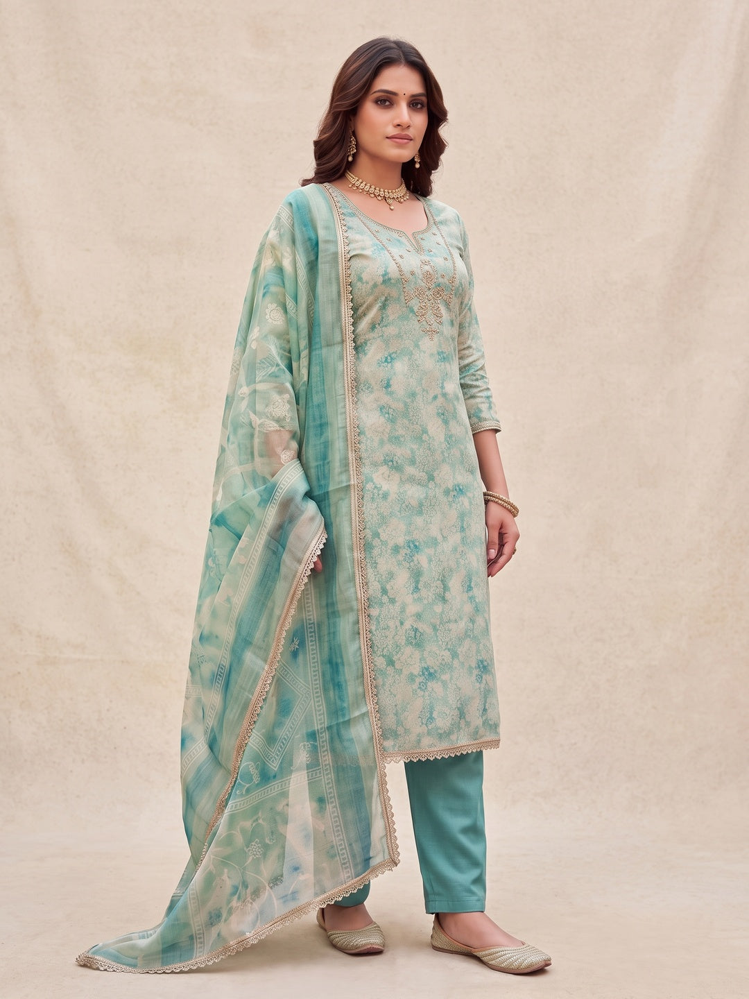 Peachmode Turquoise Unstitched Dress Material - Image 4