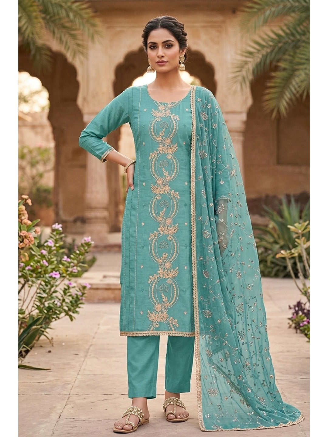 Peachmode Turquoise Unstitched Dress Material - Image 3