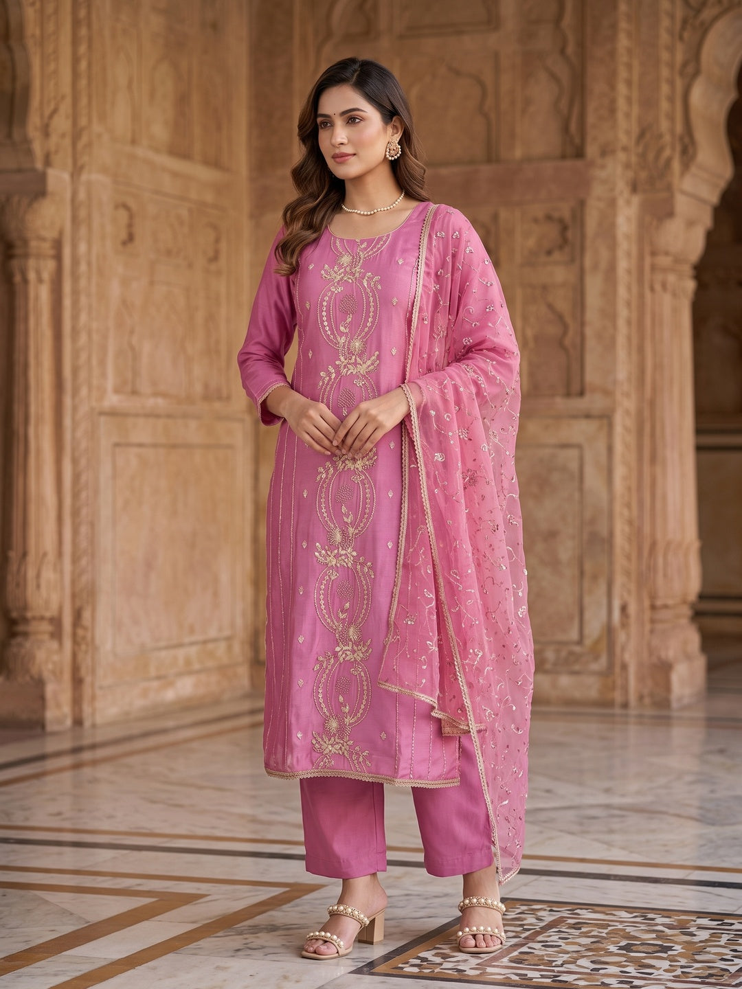 Peachmode Pink Unstitched Dress Material - Image 2