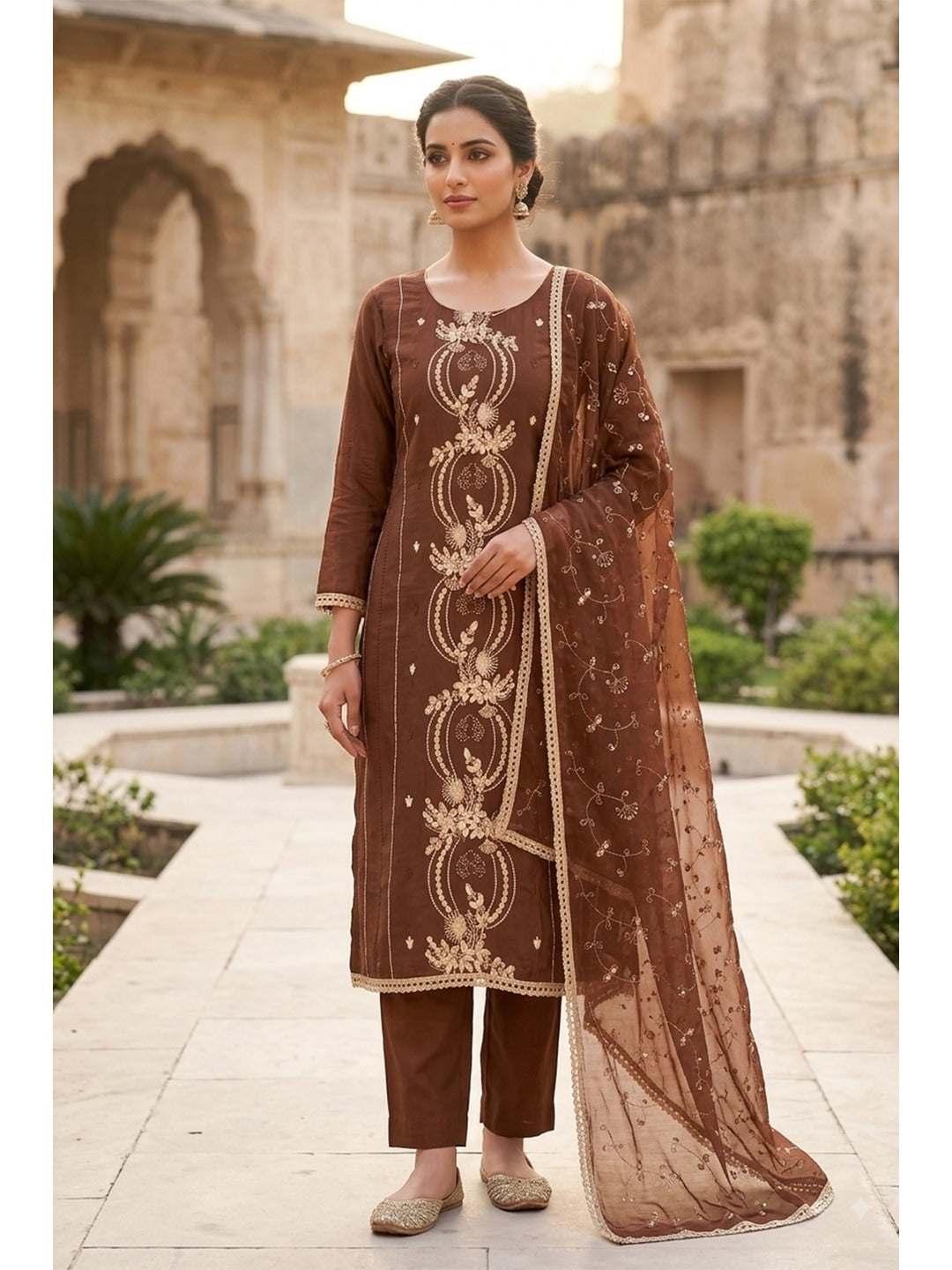 Peachmode Brown Unstitched Dress Material - Image 3