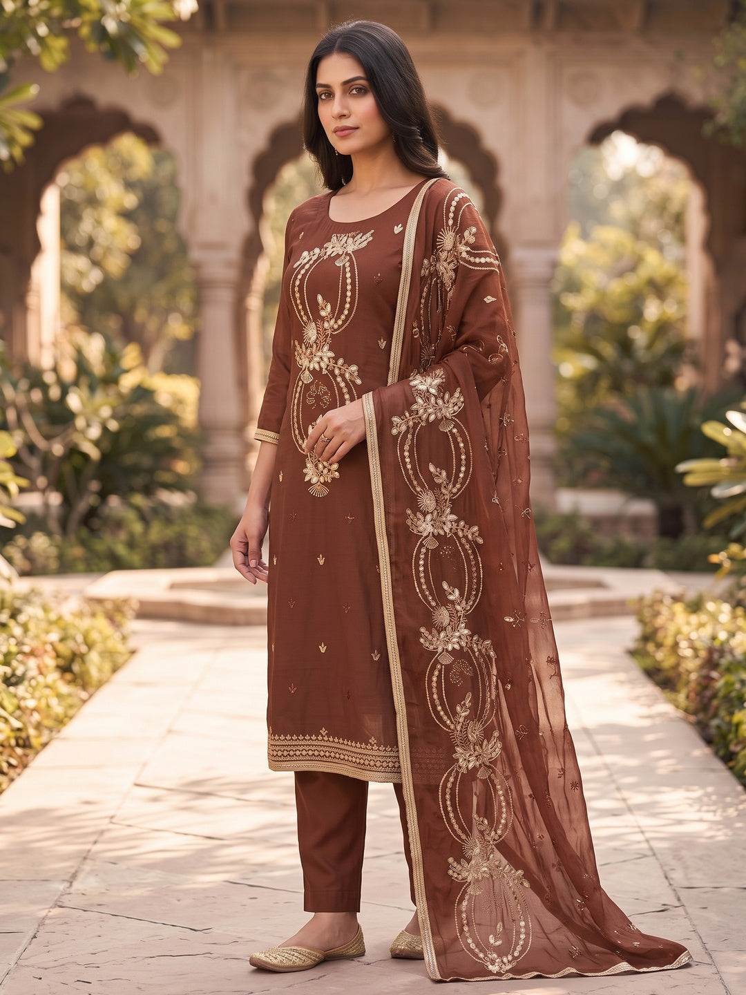 Peachmode Brown Unstitched Dress Material - Image 4