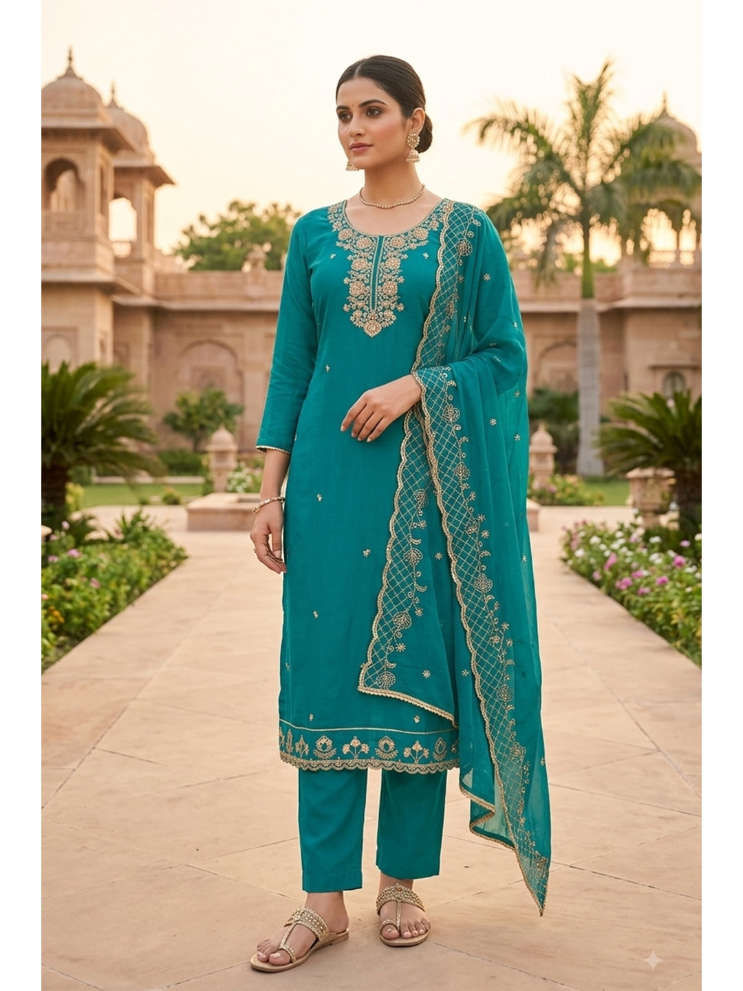 Peachmode Turquoise Unstitched Dress Material - Image 3