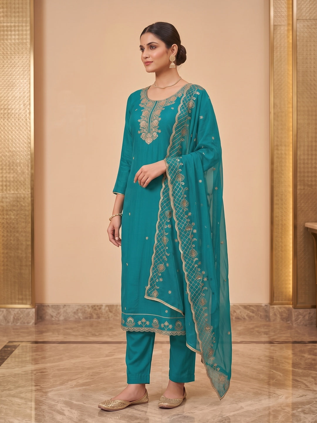Peachmode Turquoise Unstitched Dress Material - Image 4