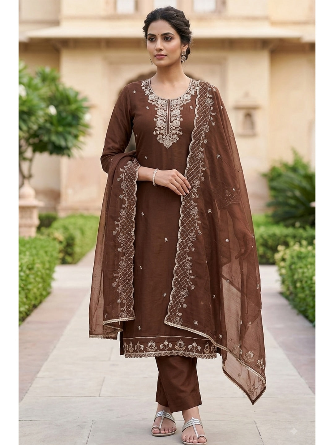 Peachmode Brown Unstitched Dress Material - Image 3