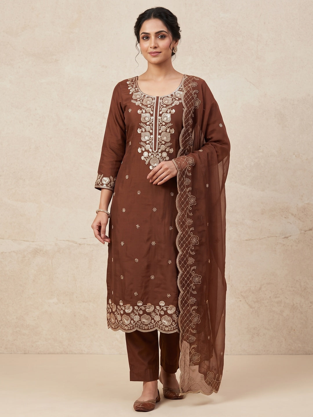 Peachmode Brown Unstitched Dress Material - Image 2