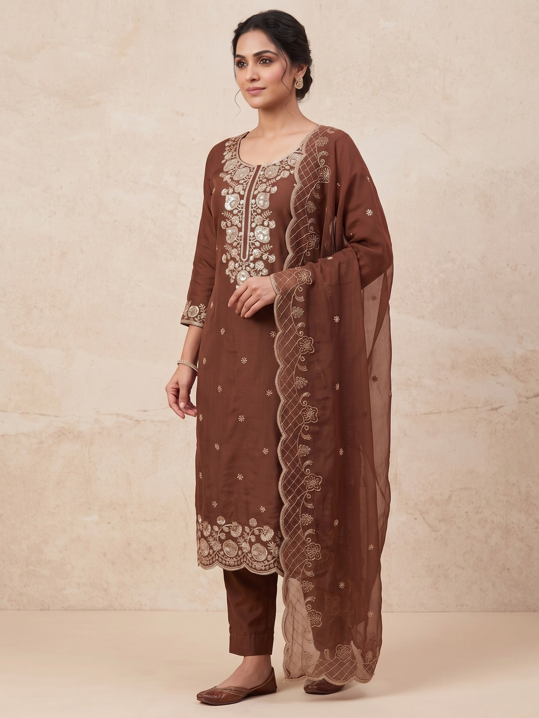 Peachmode Brown Unstitched Dress Material - Image 4