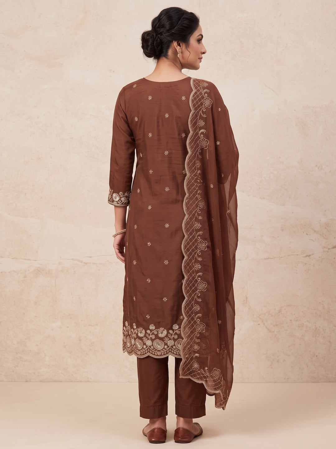 Peachmode Brown Unstitched Dress Material - Image 5