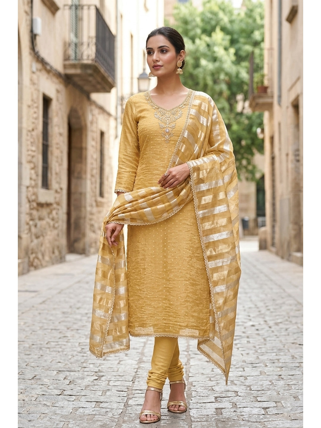 Peachmode Yellow Unstitched Dress Material - Image 3