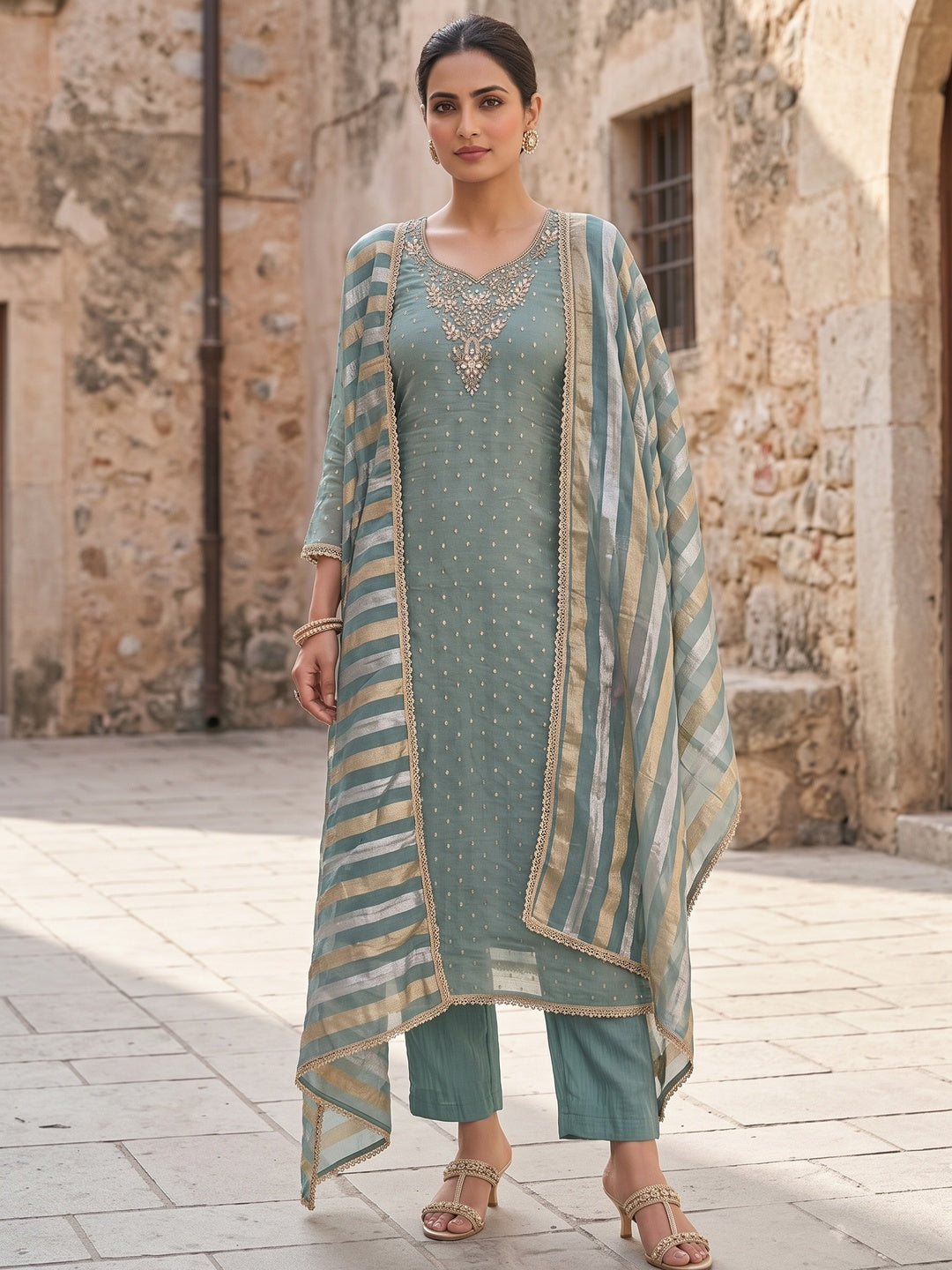 Peachmode Blue Unstitched Dress Material - Image 2