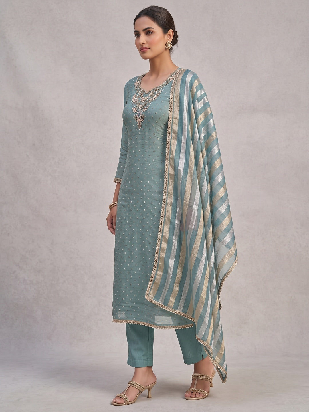 Peachmode Blue Unstitched Dress Material - Image 4