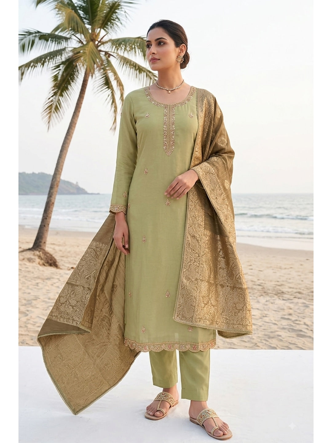 Peachmode Green Unstitched Dress Material - Image 3