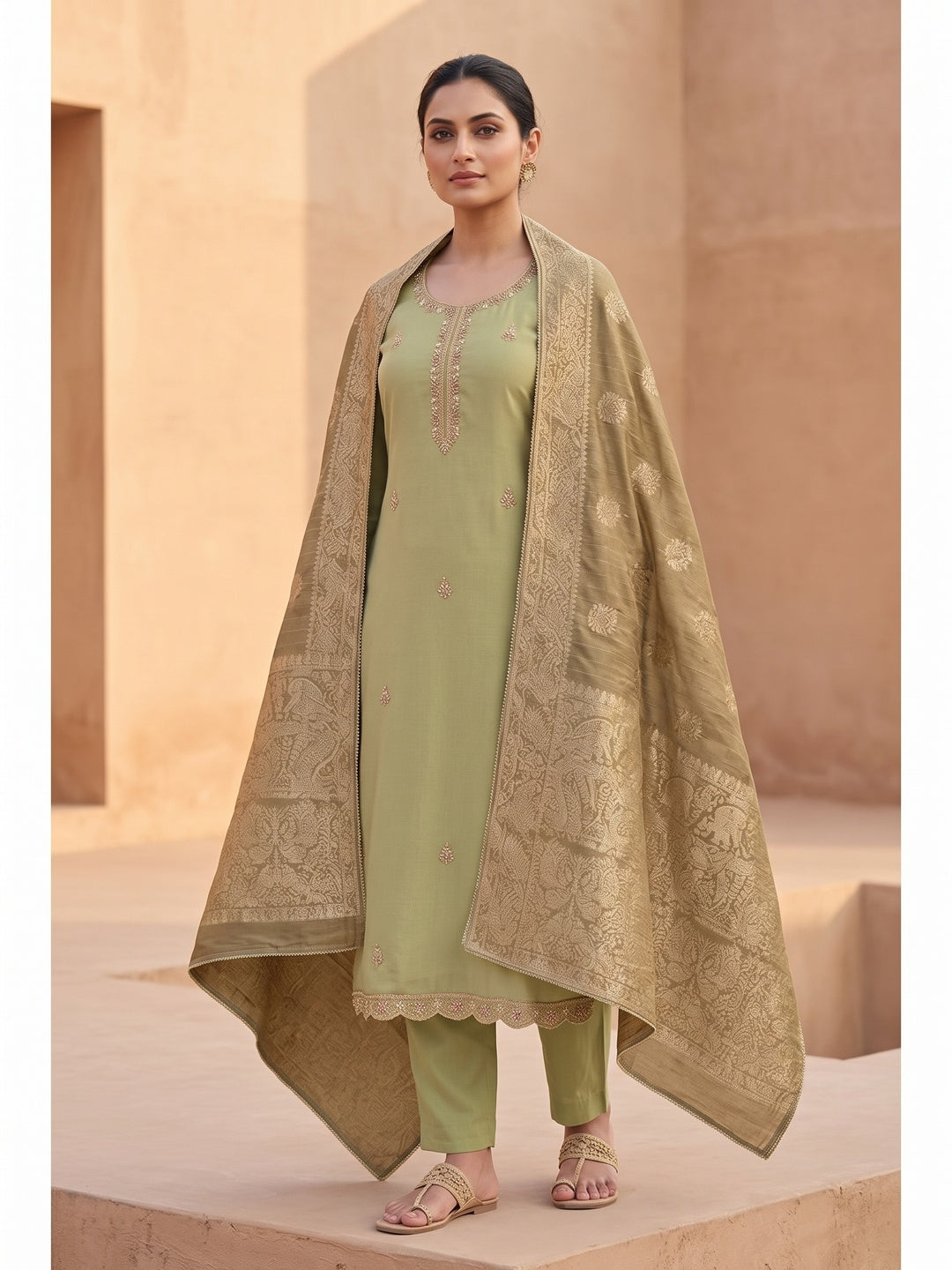 Peachmode Green Unstitched Dress Material - Image 2