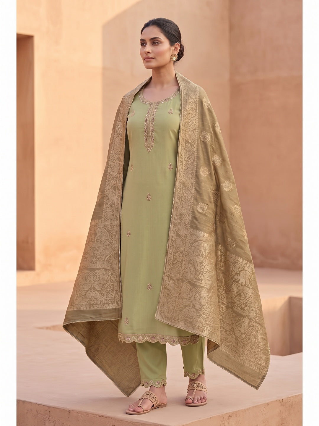 Peachmode Green Unstitched Dress Material - Image 4