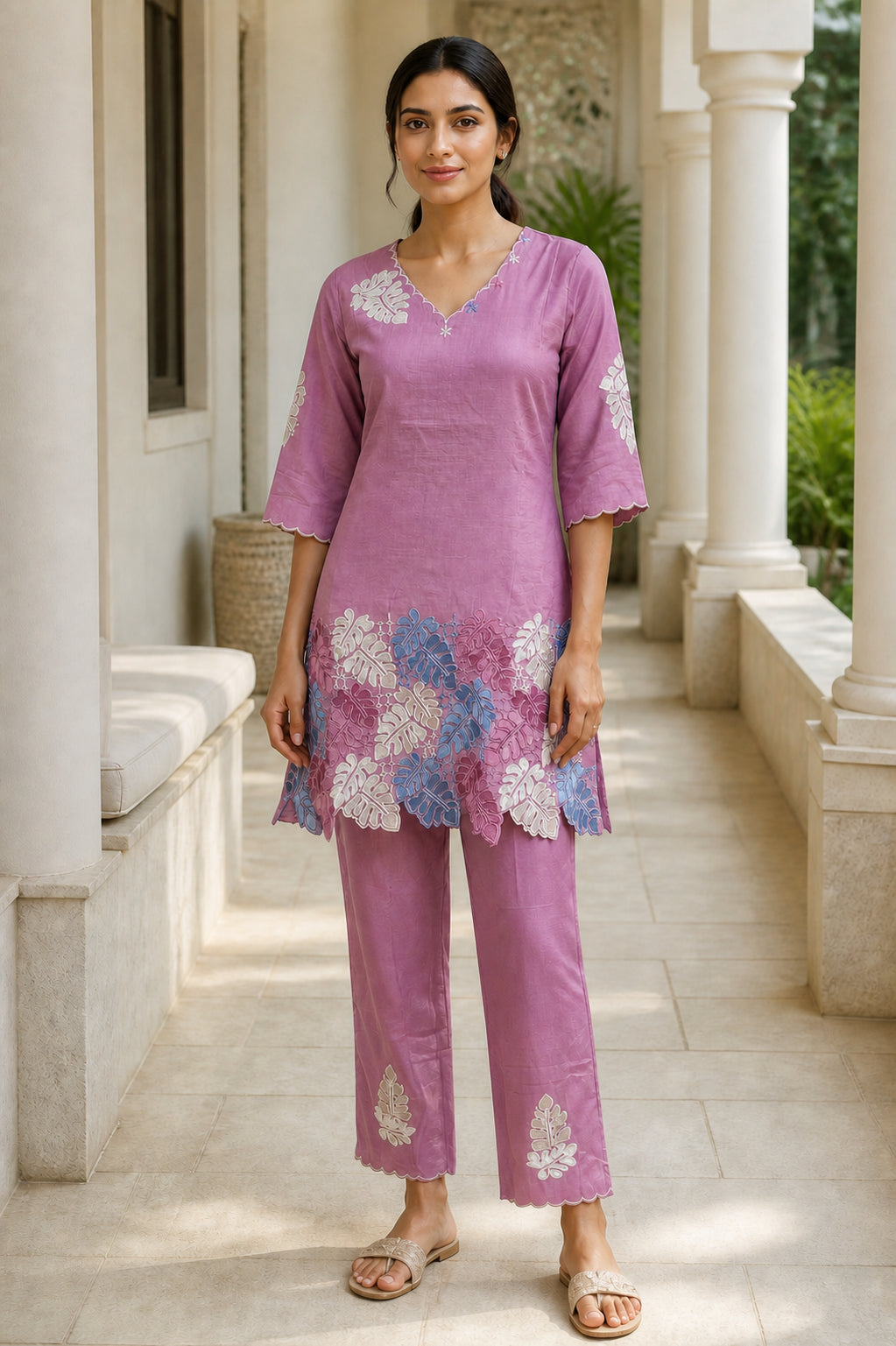 Peachmode Pink Chinon Blend Leaf Embroidered Top Bottom Set - Image 2
