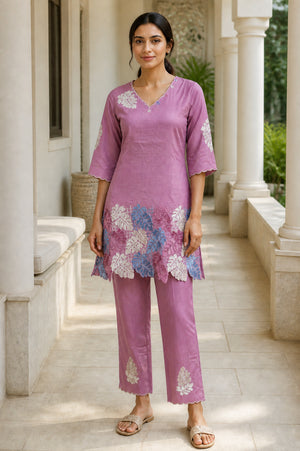 Peachmode Pink Chinon Blend Leaf Embroidered Top Bottom Set - Image 2