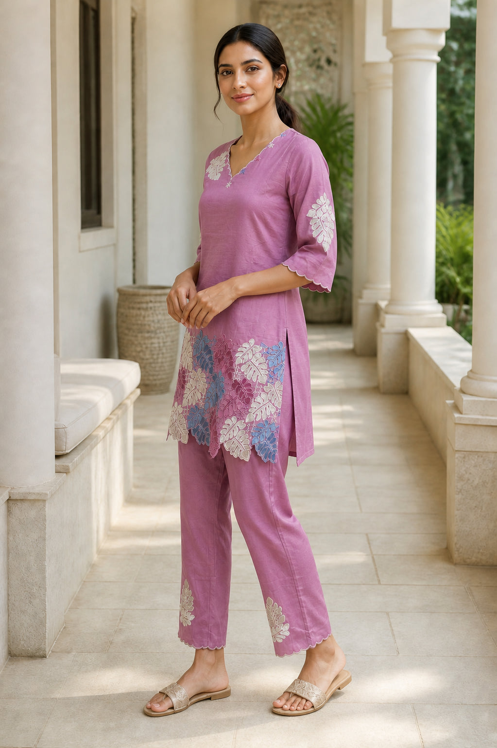Peachmode Pink Chinon Blend Leaf Embroidered Top Bottom Set - Image 3