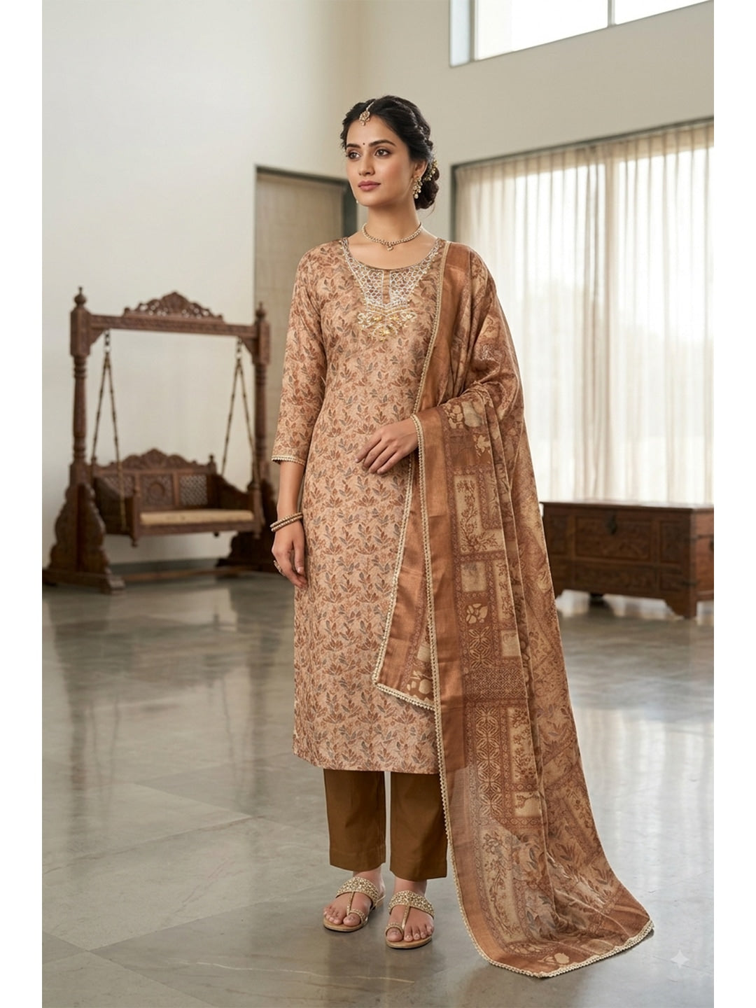 Peachmode Brown Unstitched Dress Material - Image 3