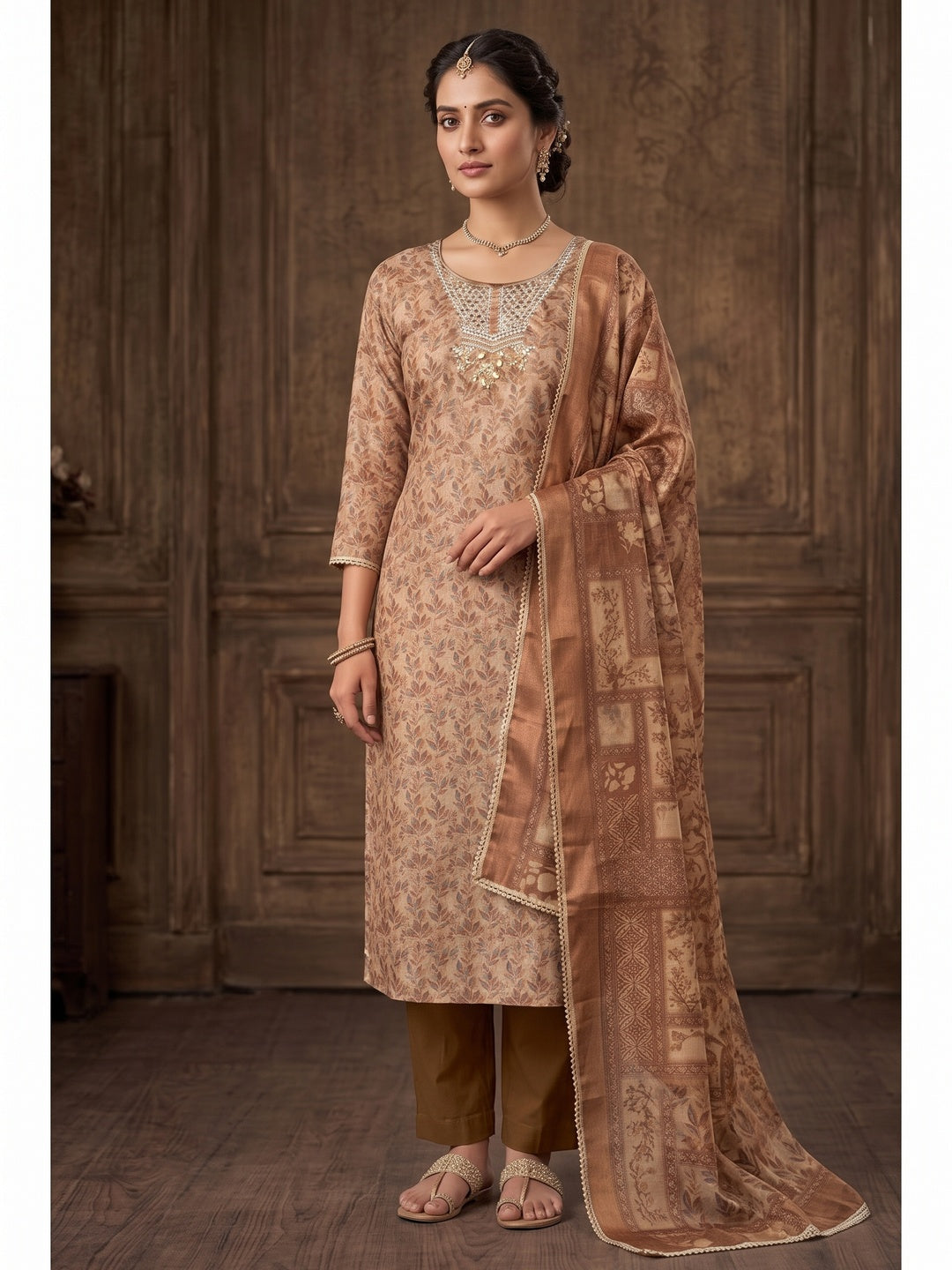 Peachmode Brown Unstitched Dress Material - Image 2
