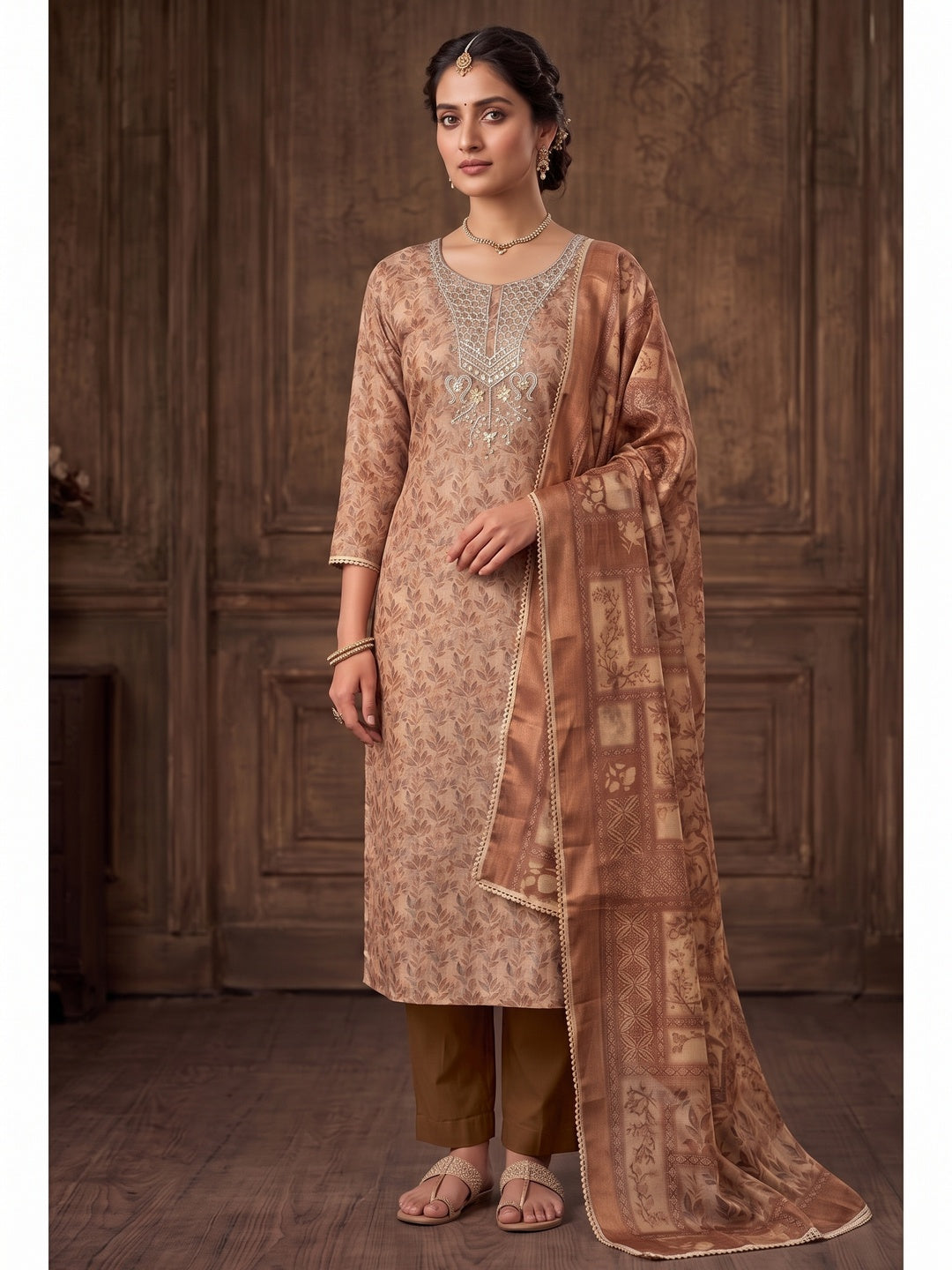 Peachmode Brown Unstitched Dress Material - Image 4