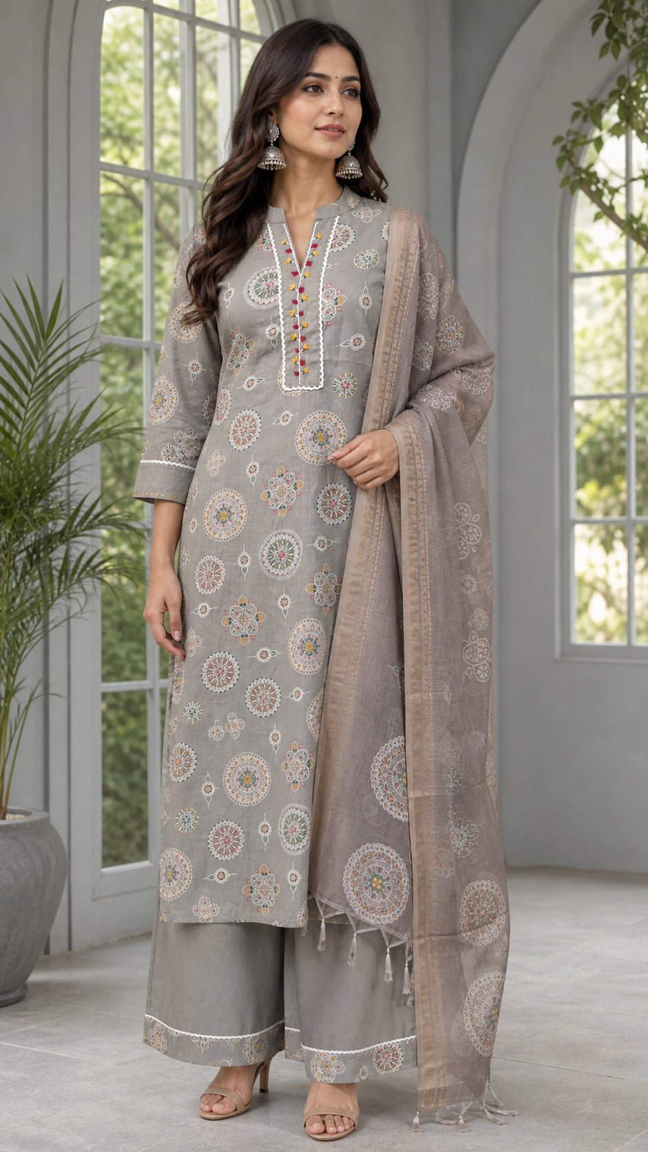 Peachmode Grey Viscose Ethnic Motif Salwar Suit - Image 1